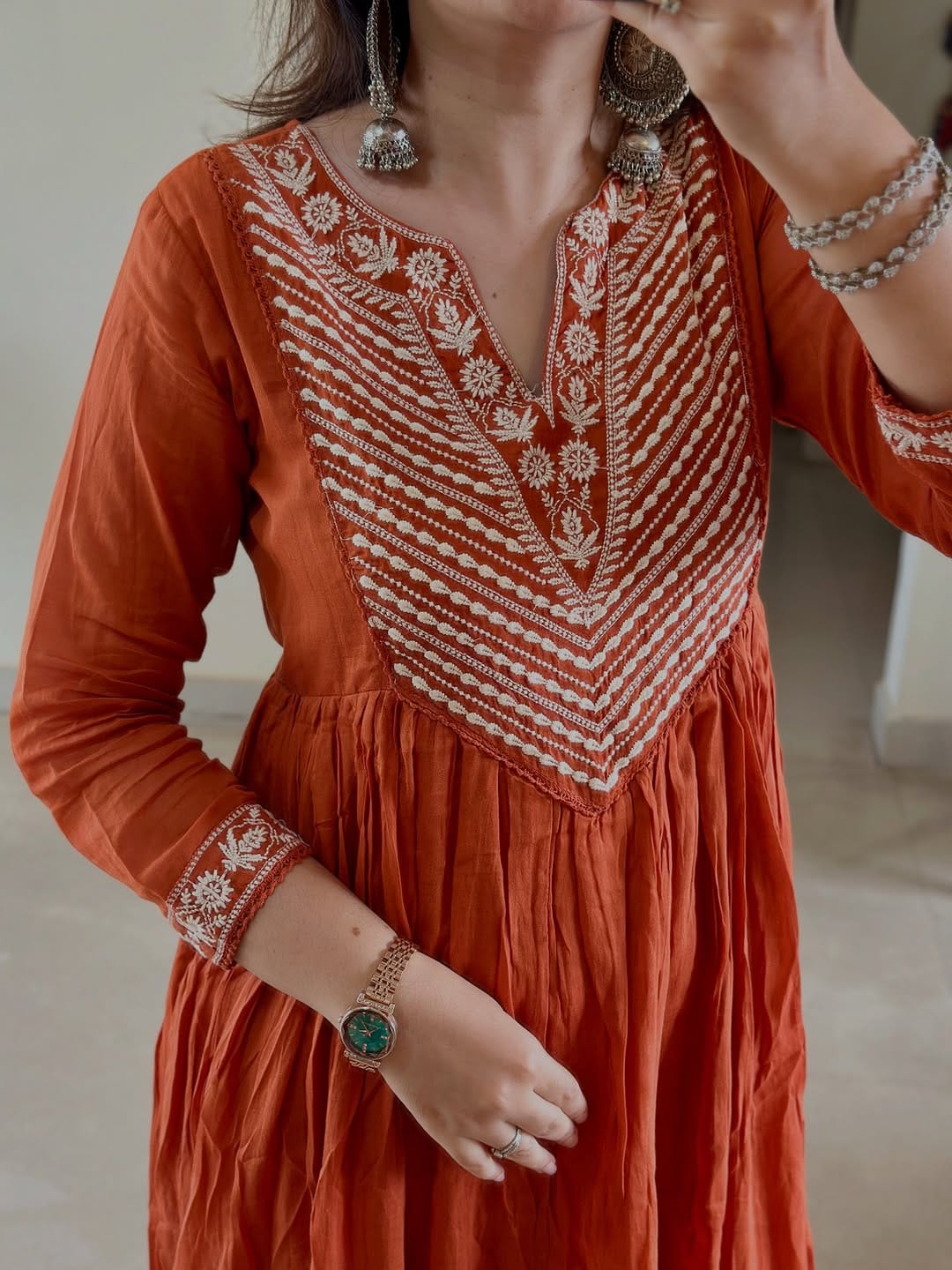 Rust Orange Embroidered Anarkali Kurta Set with Dupatta