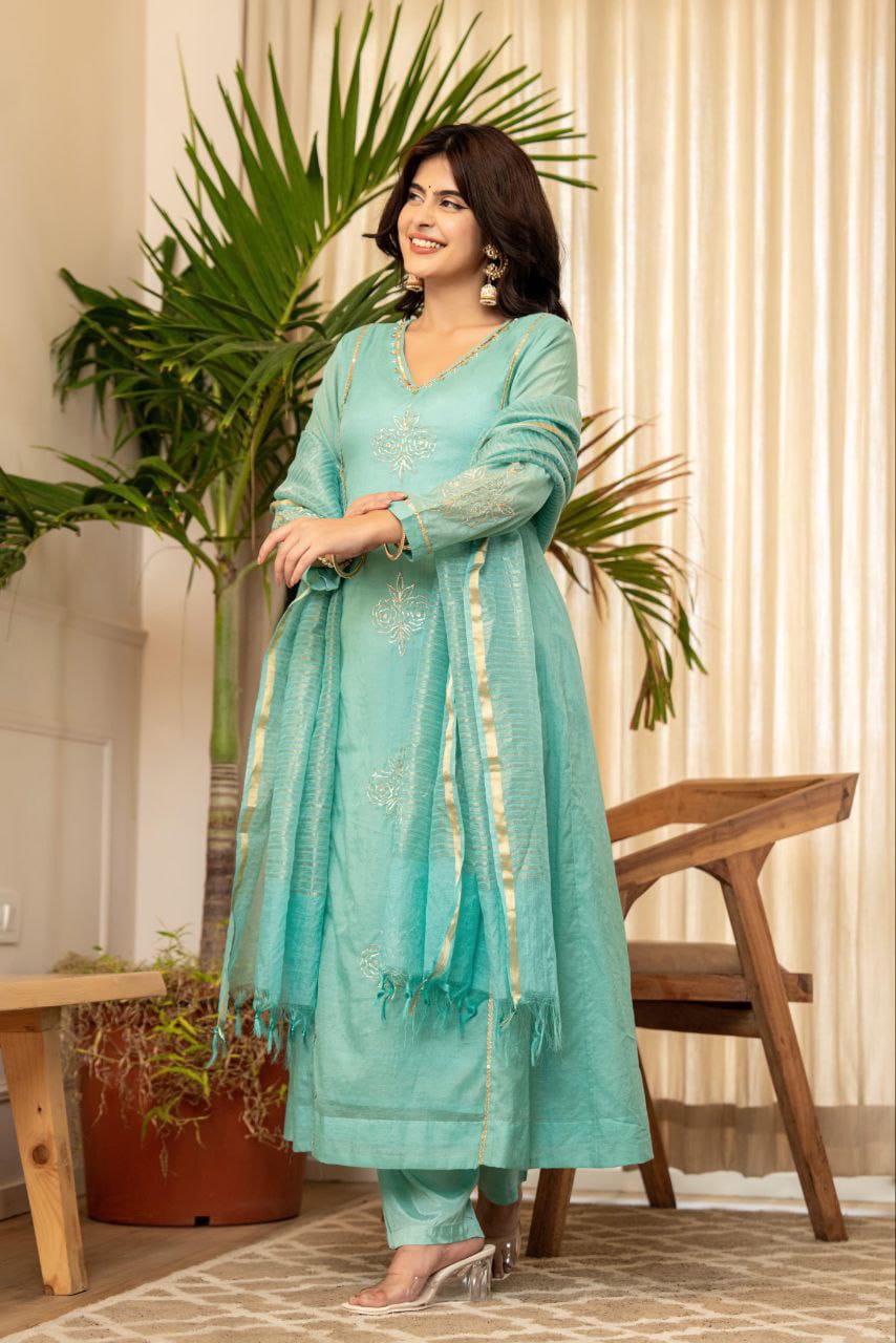 Elegant Aqua Blue Embroidered Cotton Silk Kurta Set with Dupatta