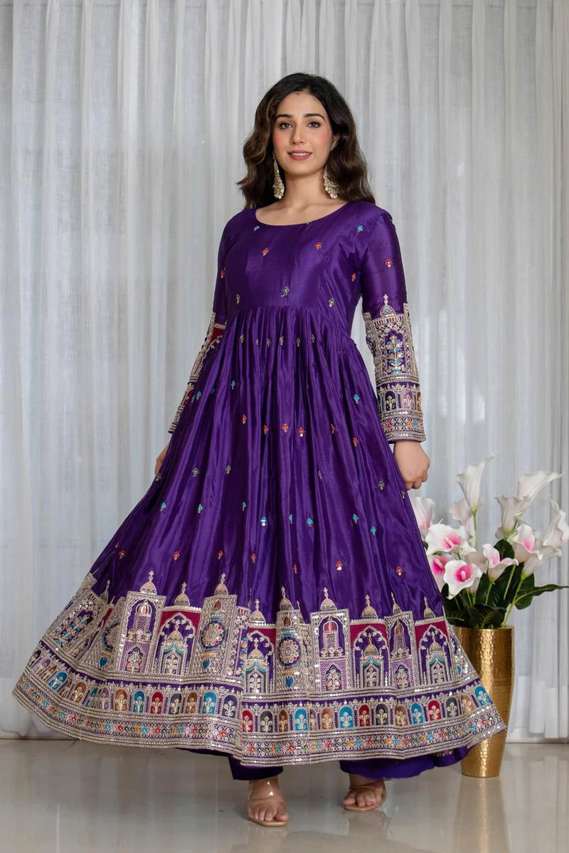 Royal Purple Embroidered Anarkali Suit Set with Dupatta