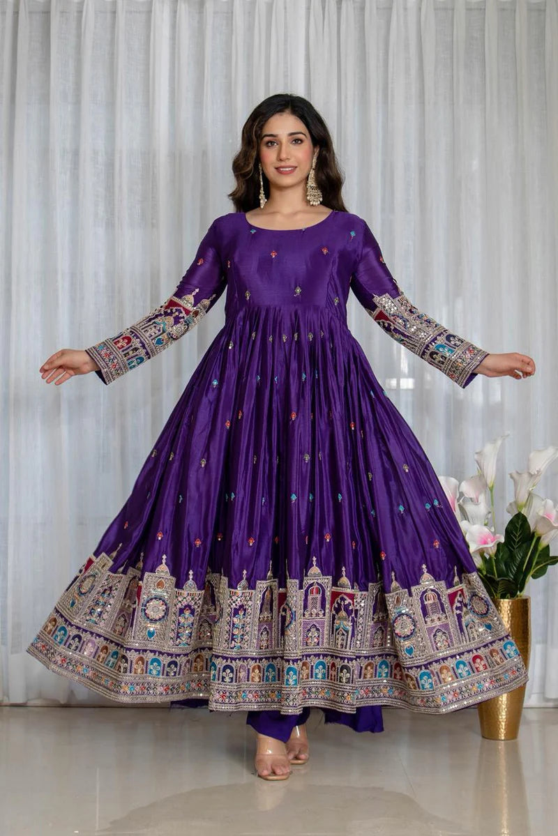Royal Purple Embroidered Anarkali Suit Set with Dupatta