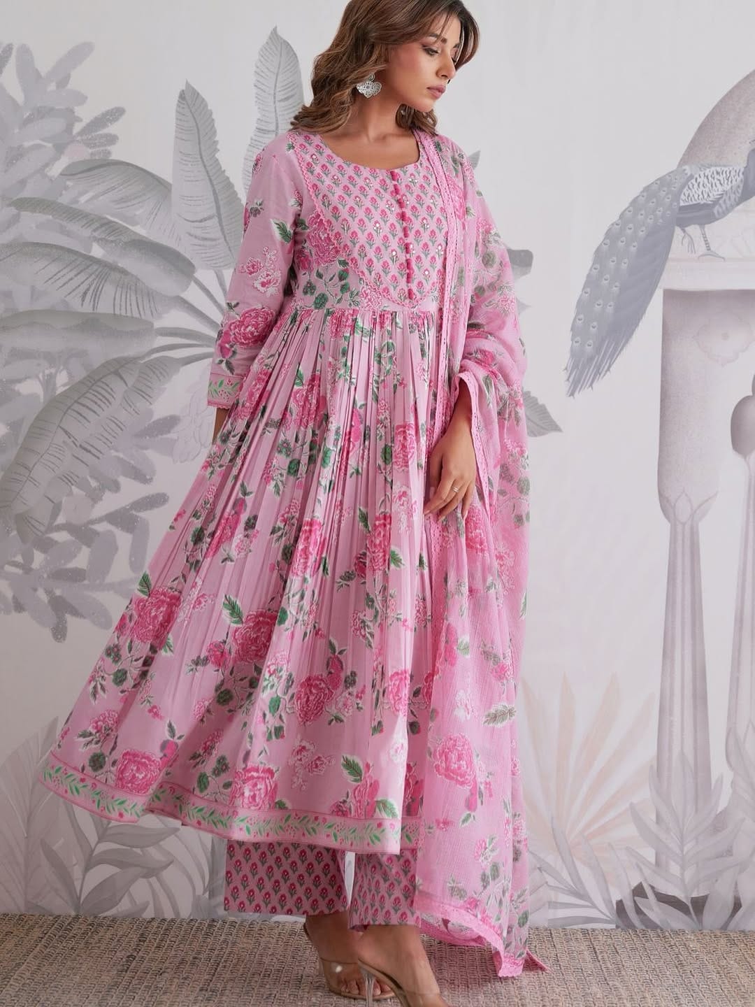 Pink Jaipuri Floral Printed Anarkali Kurta Set with Matching Pant & Dupatta