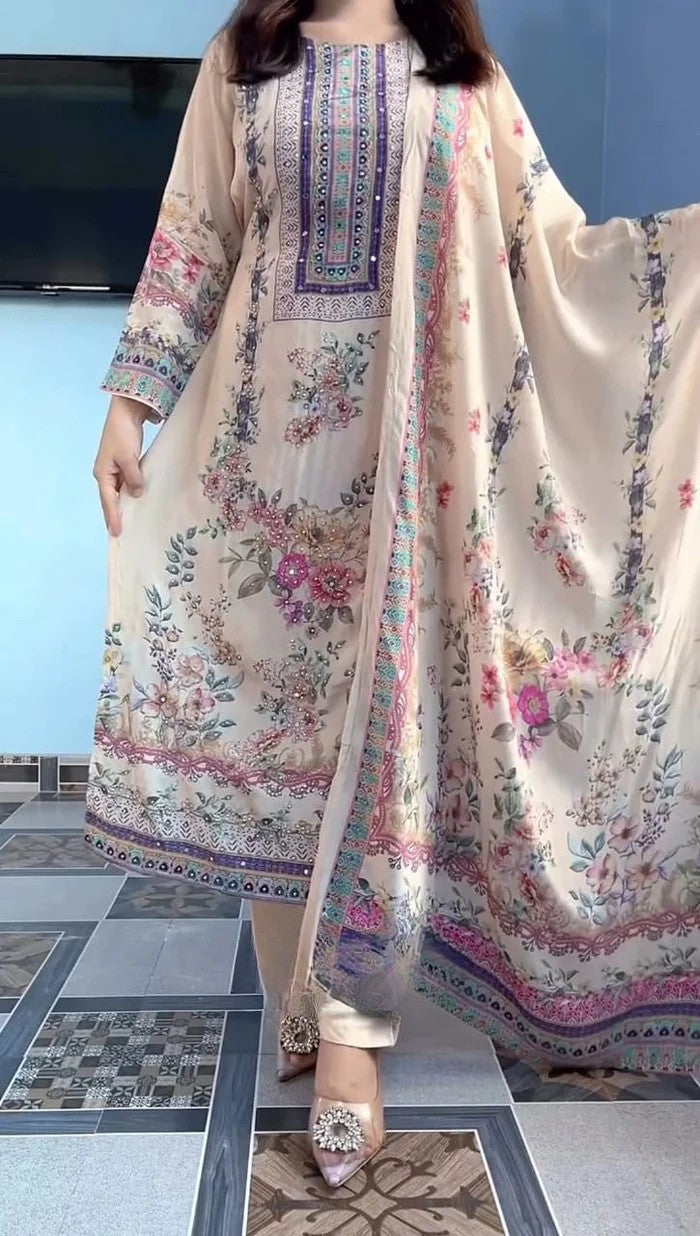 Luxury Pastel Cream Floral Printed Muslin Suit Set with Designer Dupatta