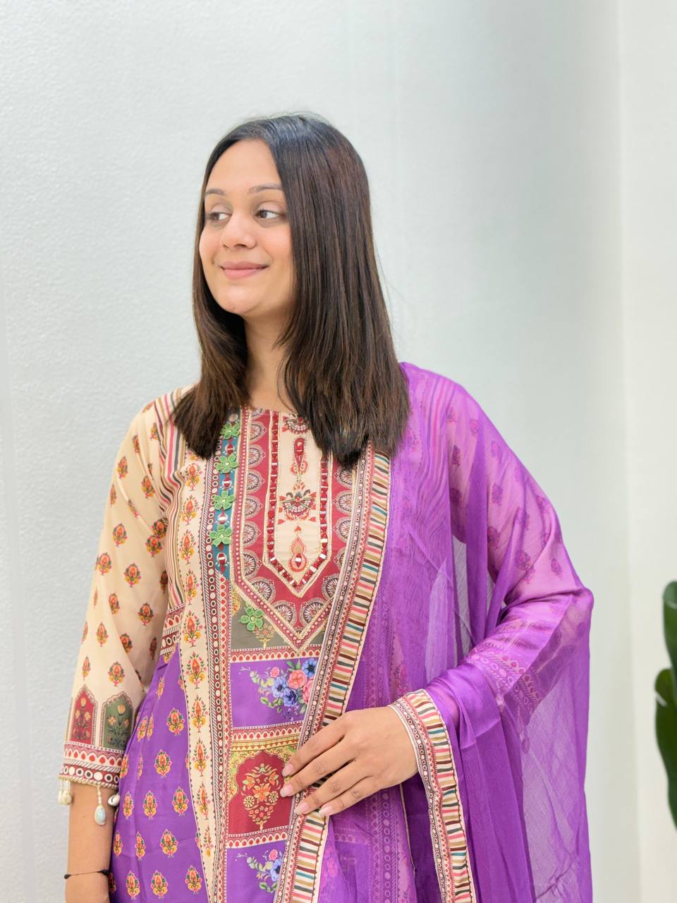 Purple Printed Cotton Suit Set with Embroidered Yoke & Matching Dupatta