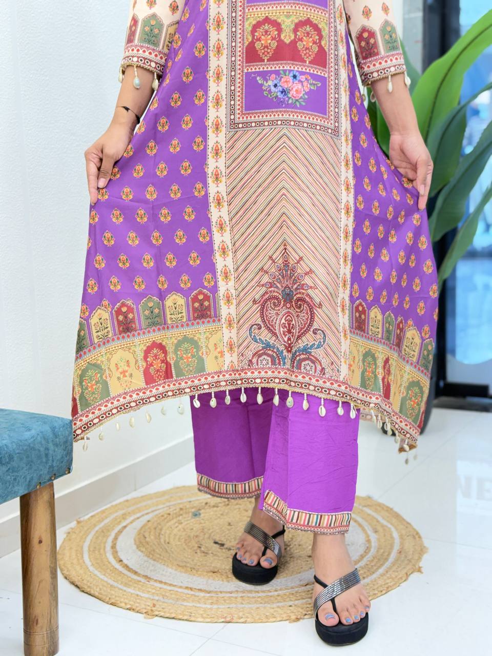 Purple Printed Cotton Suit Set with Embroidered Yoke & Matching Dupatta