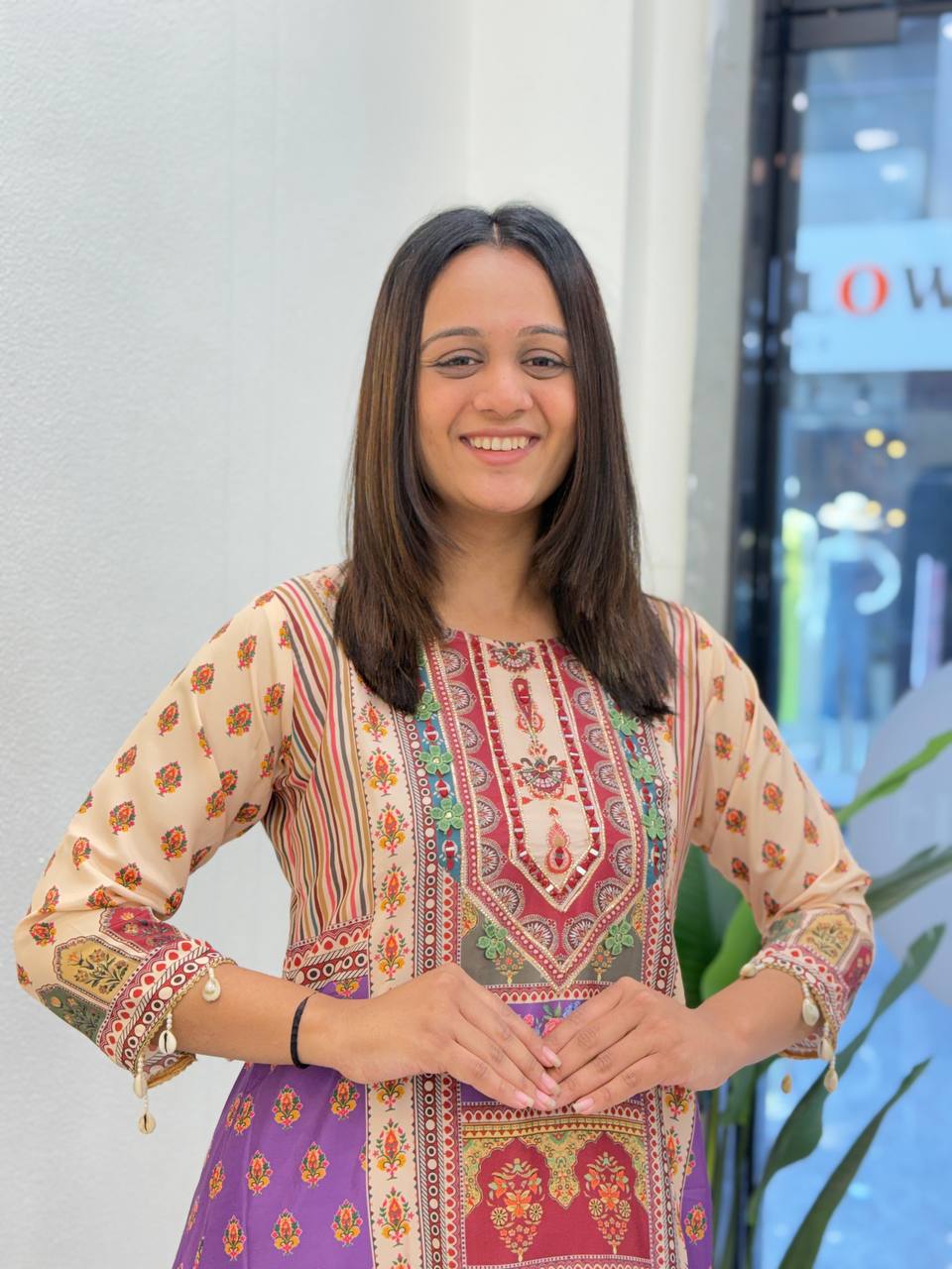 Purple Printed Cotton Suit Set with Embroidered Yoke & Matching Dupatta