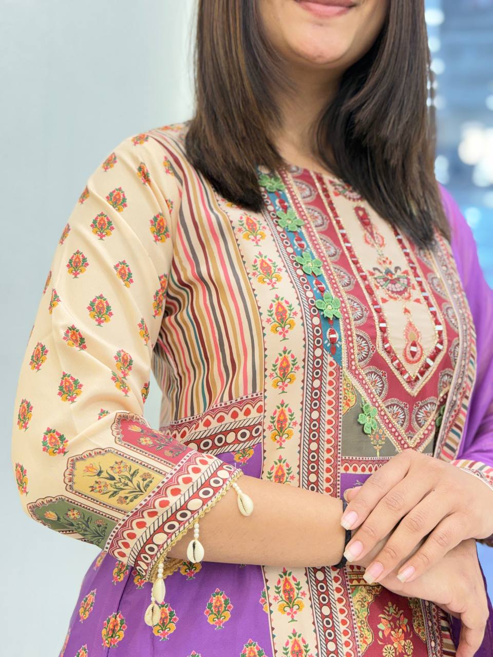 Purple Printed Cotton Suit Set with Embroidered Yoke & Matching Dupatta