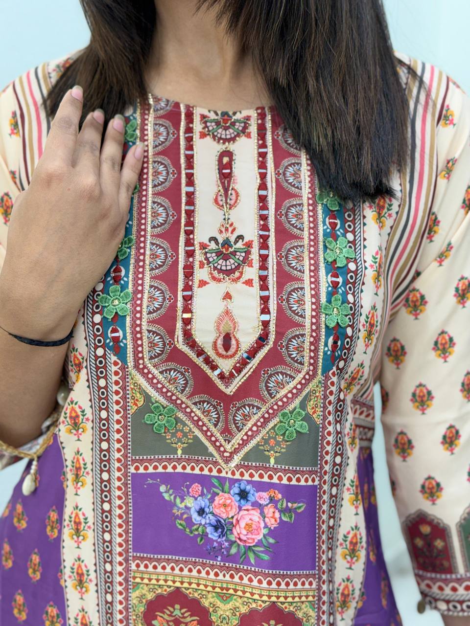 Purple Printed Cotton Suit Set with Embroidered Yoke & Matching Dupatta