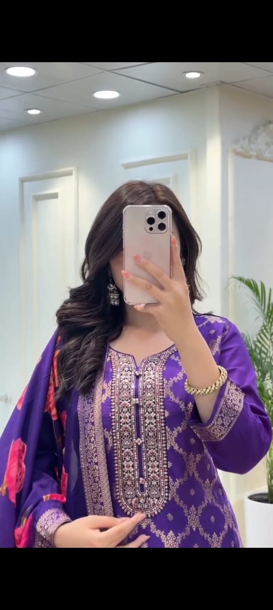 Purple Jacquard Suit Set with Floral Digital Print Dupatta