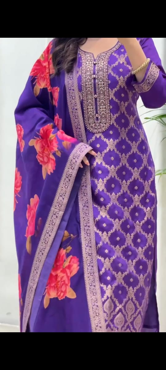 Purple Jacquard Suit Set with Floral Digital Print Dupatta
