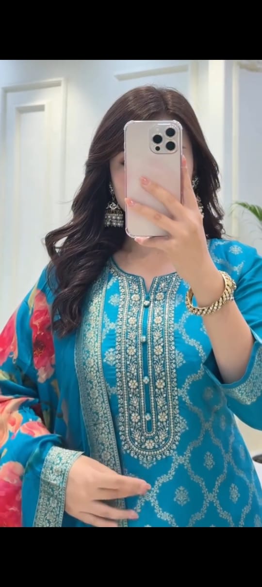 Turquoise Blue Jacquard Suit Set with Floral Digital Print Dupatta