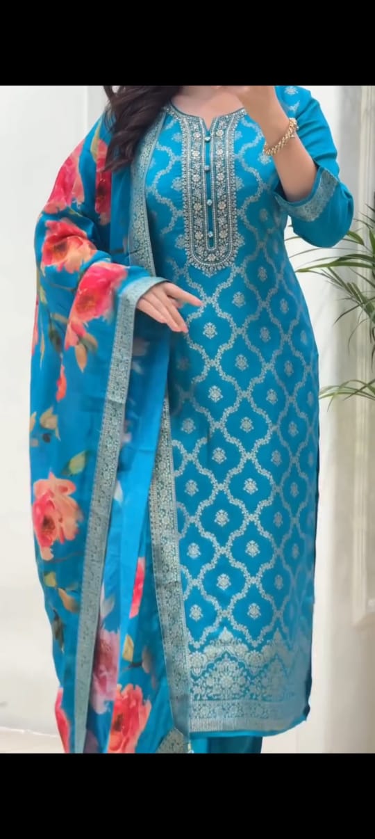 Turquoise Blue Jacquard Suit Set with Floral Digital Print Dupatta