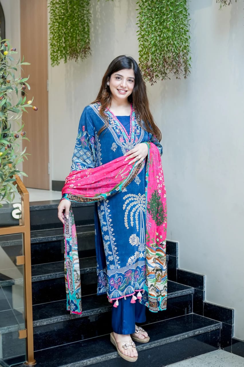 Navy Blue Embroidered Cotton Suit Set with Printed Dupatta