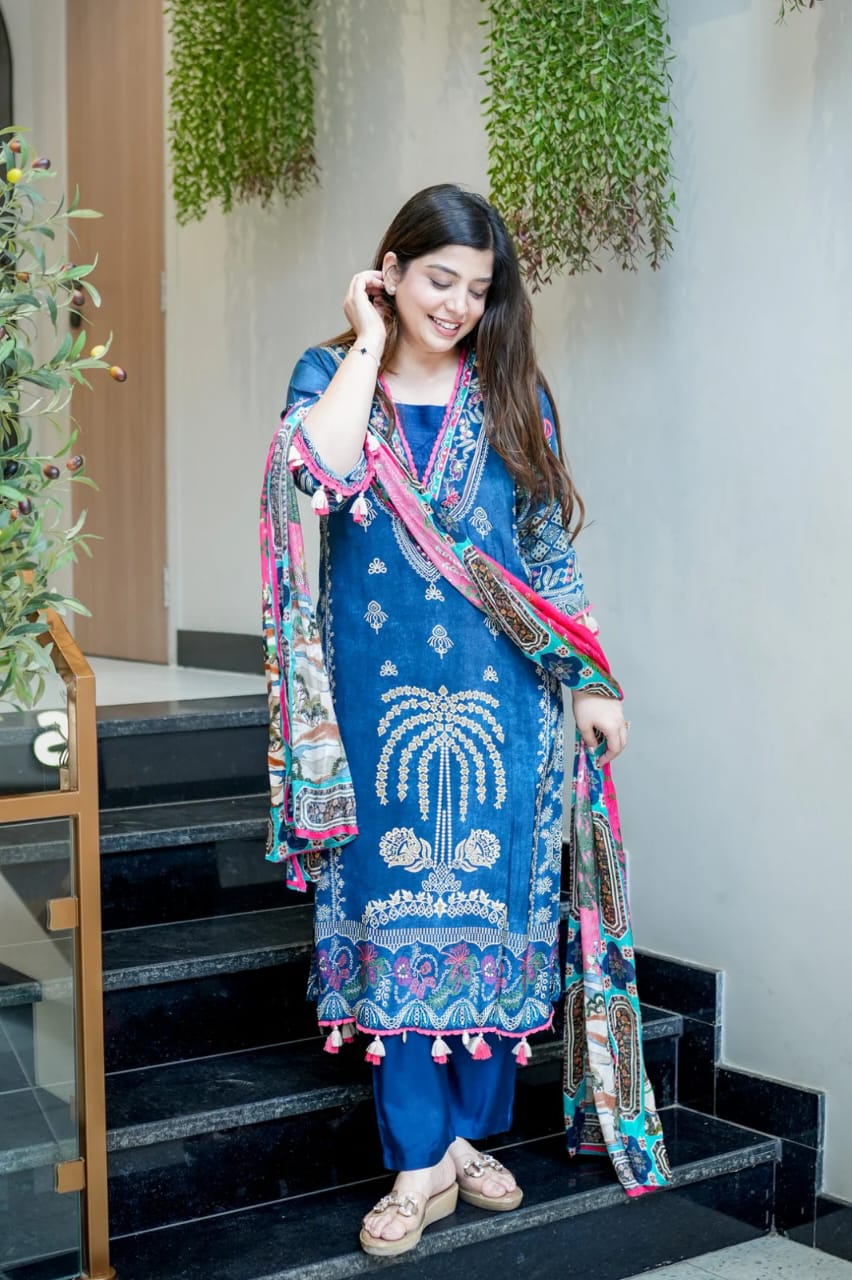 Navy Blue Embroidered Cotton Suit Set with Printed Dupatta