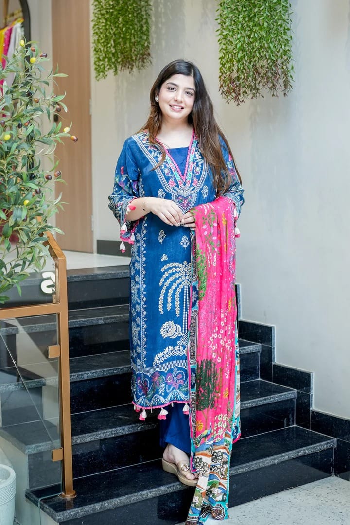 Navy Blue Embroidered Cotton Suit Set with Printed Dupatta
