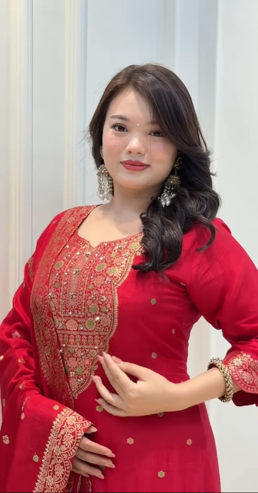 Red Silk Blend Embroidered Kurta Pant Set with Dupatta for Women