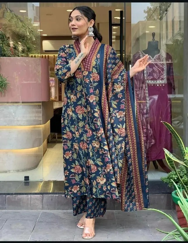 Women's Printed Cotton Anarkali Kurta & Pant With Dupatta Set