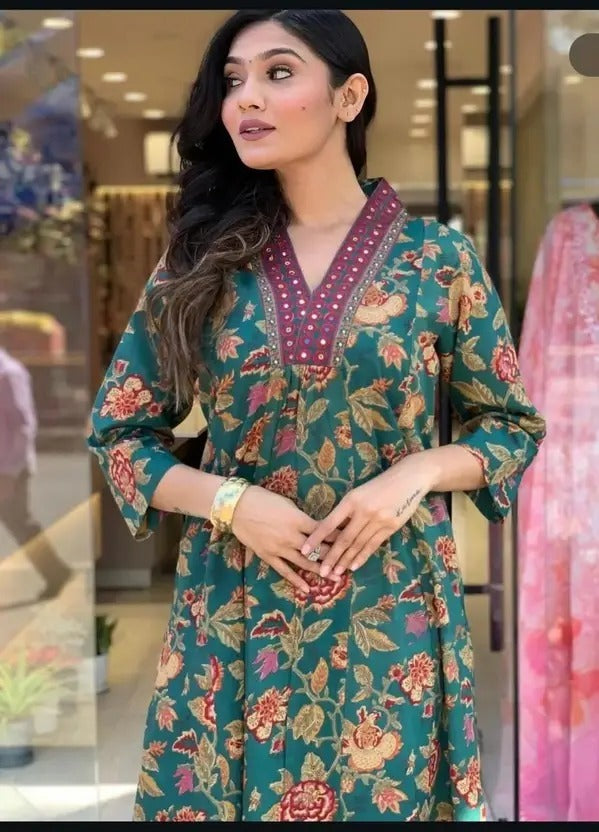 Women's Printed Cotton Anarkali Kurta & Pant With Dupatta Set