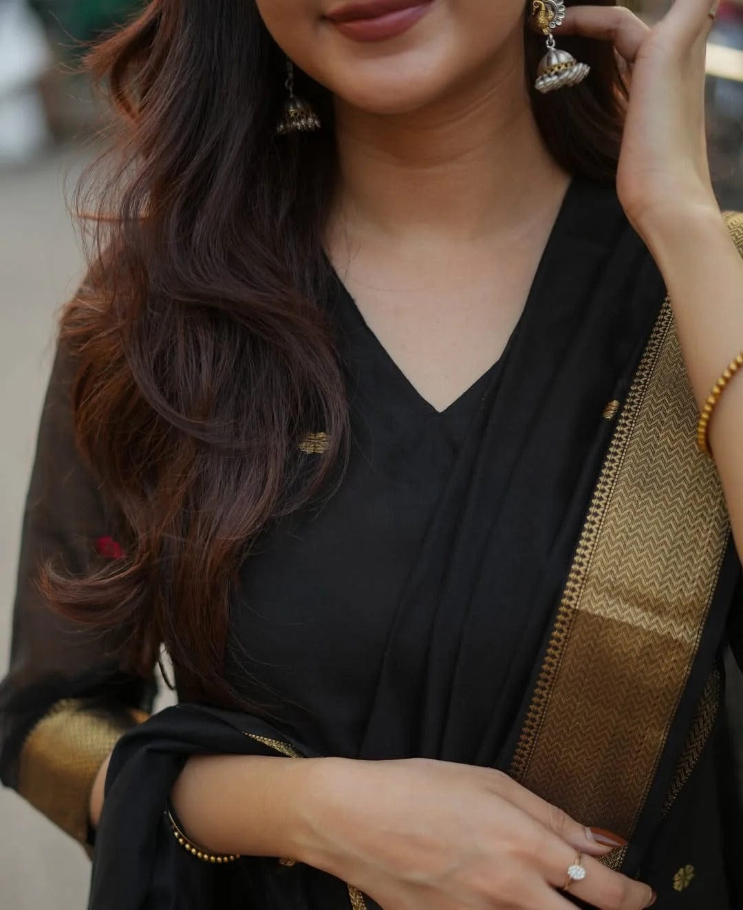 Elegant Black Kurta Set with Gold Border Dupatta