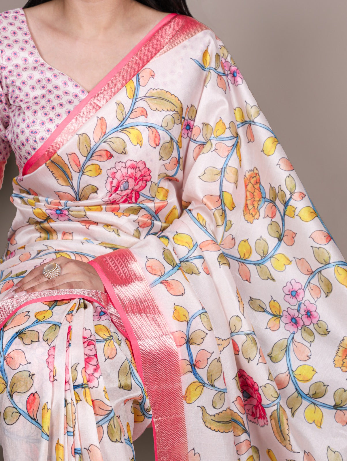 Tasar Silk drape with a glossy viscose border Saree