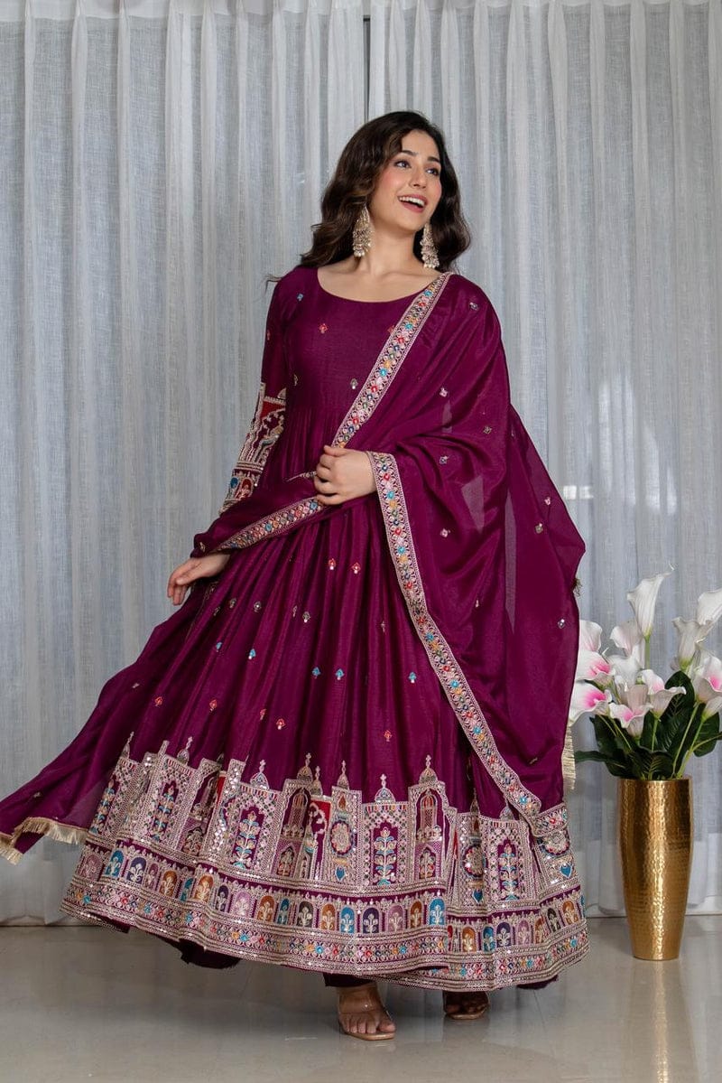 Wine Maroon Embroidered Anarkali Suit Set with Dupatta