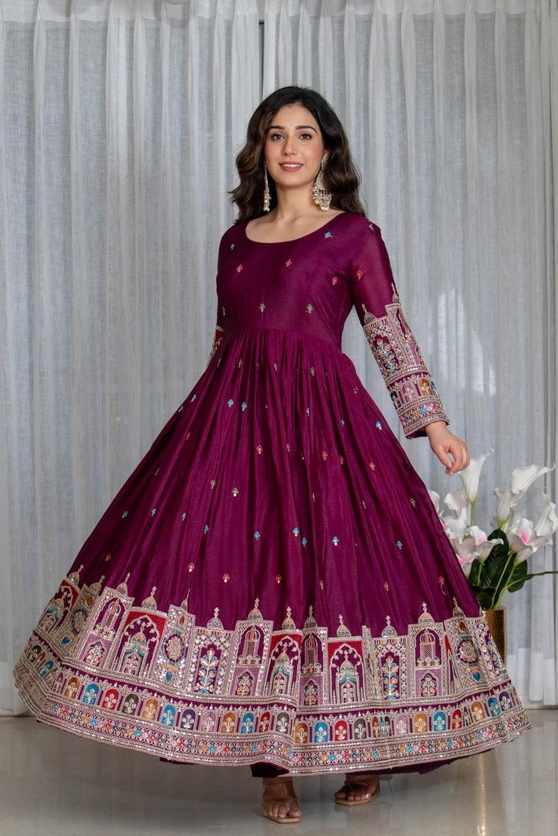 Wine Maroon Embroidered Anarkali Suit Set with Dupatta