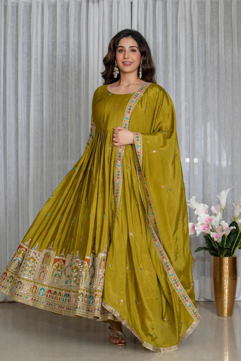 Olive Green Embroidered Anarkali Suit Set with Dupatta