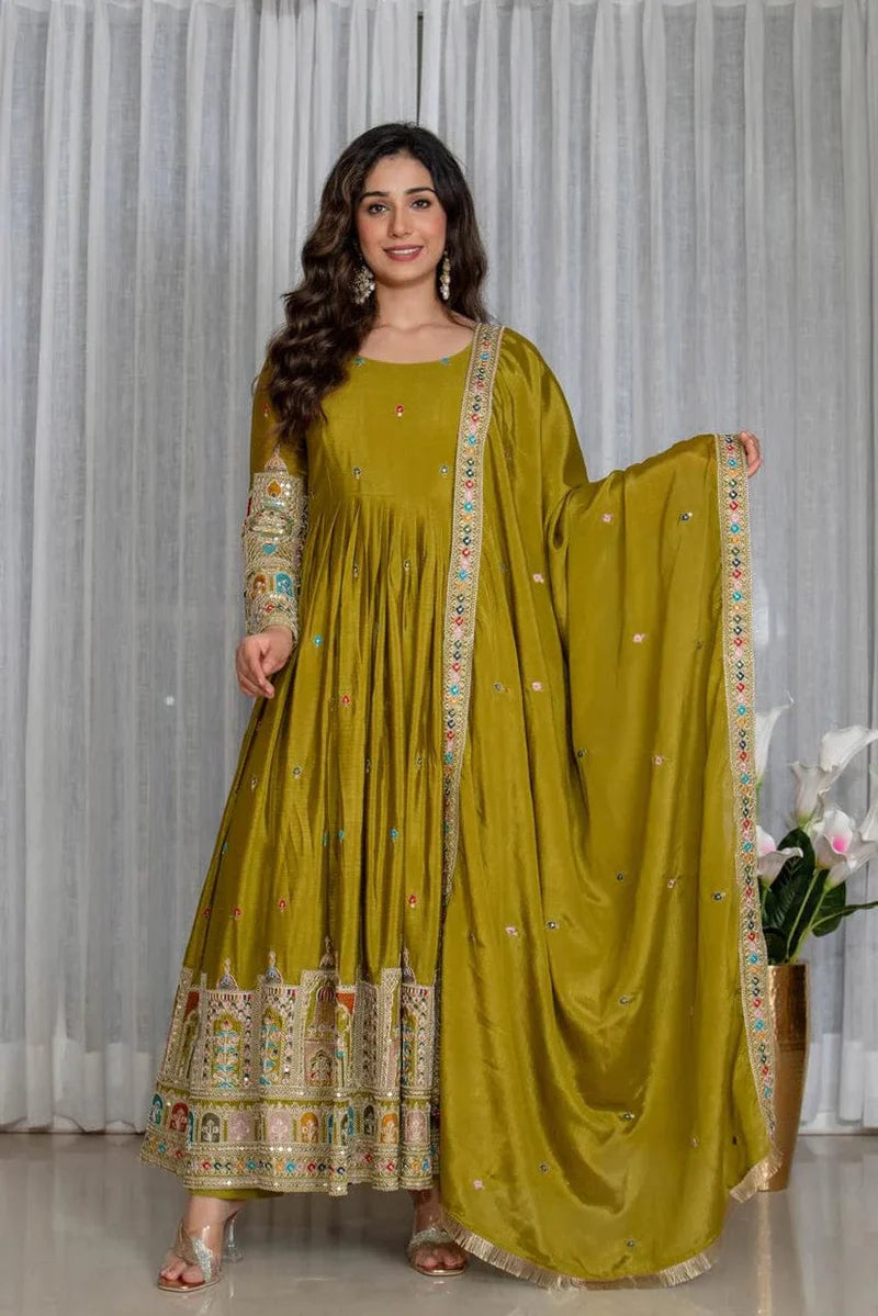 Olive Green Embroidered Anarkali Suit Set with Dupatta