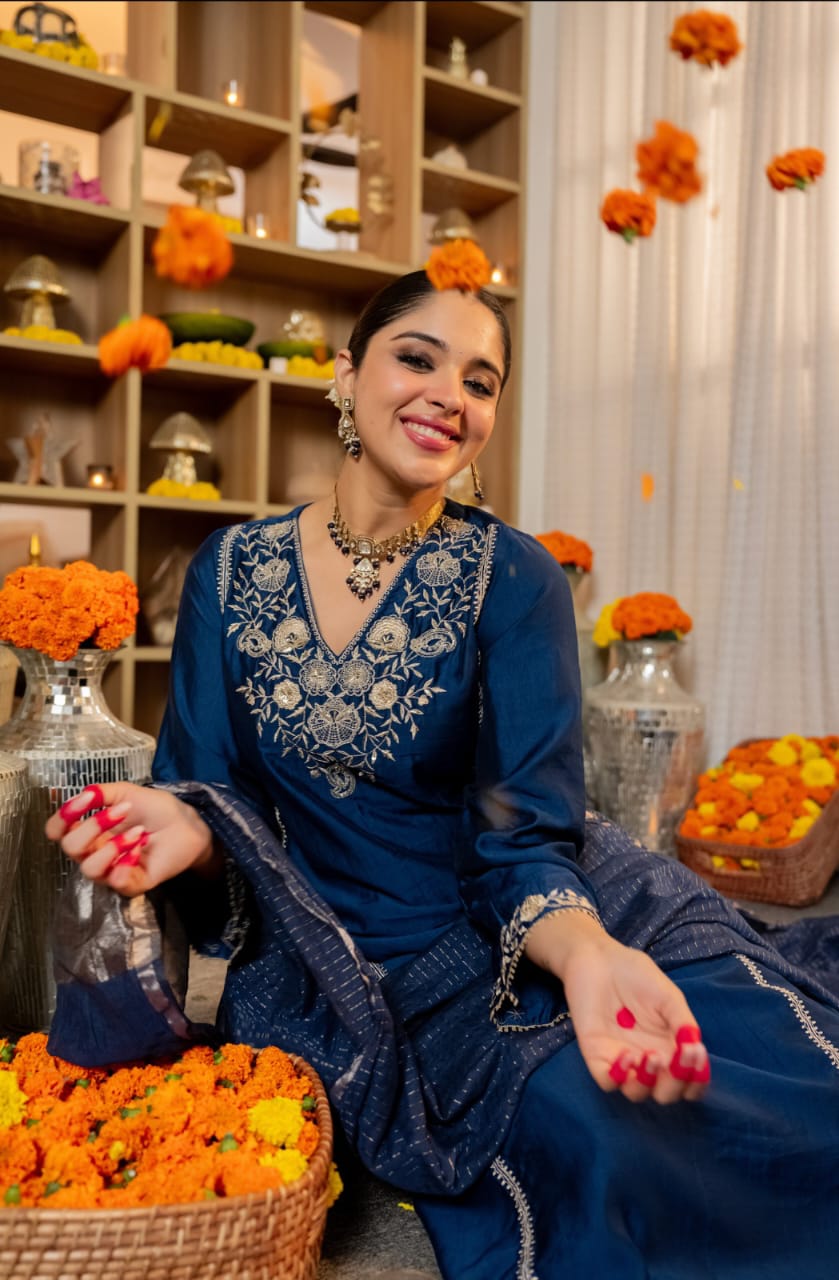 Blue  Embroidered Kurta Pant Set with Dupatta