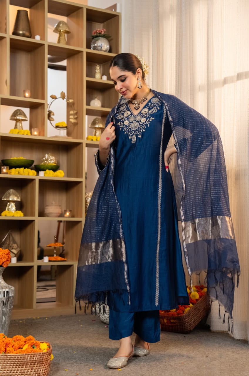 Blue  Embroidered Kurta Pant Set with Dupatta