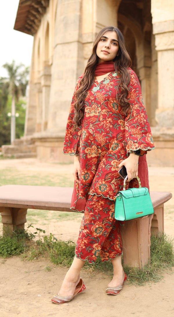 Royal Red Floral Printed Kurta Pant Set with Dupatta