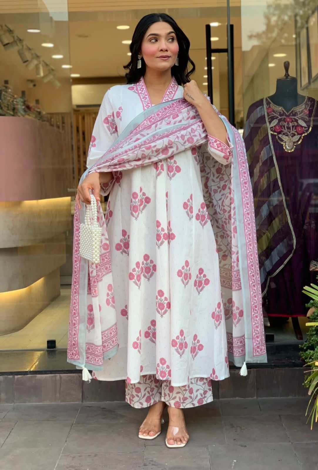 Elegant White & Pink Floral Printed Anarkali Suit Set with Dupatta