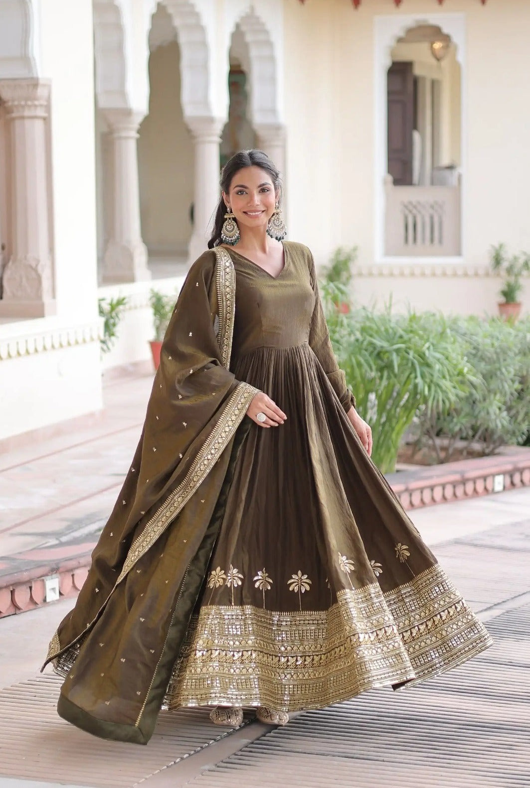 Elegant Olive Ethnic Anarkali Set for Women