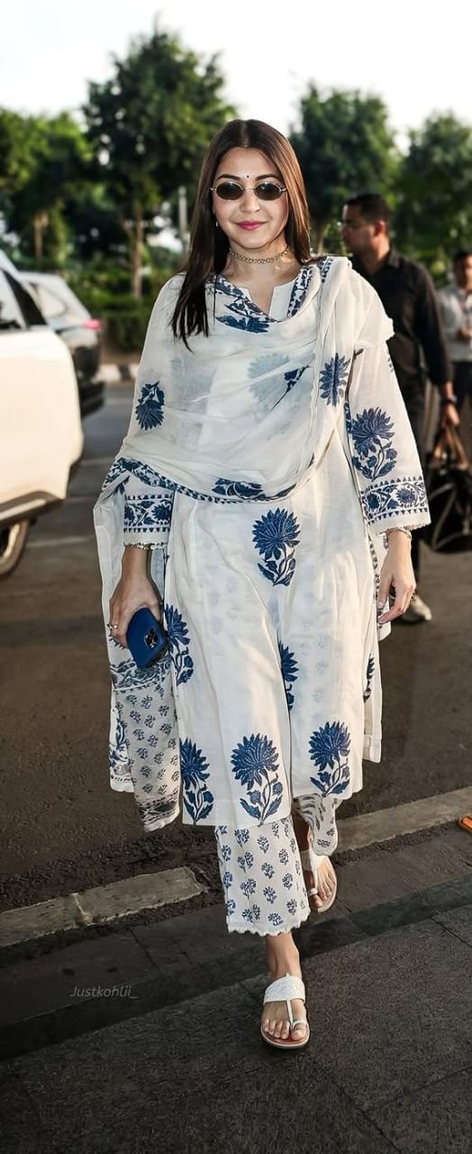 Elegant White & Blue Floral Printed Kurta Set with Dupatta