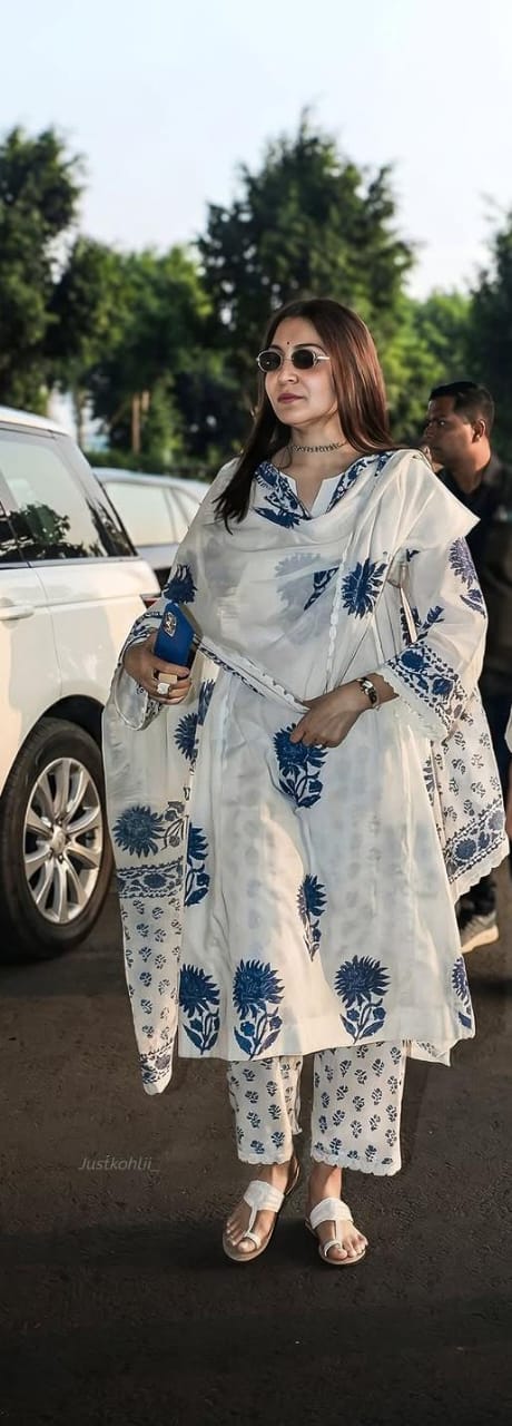 Elegant White & Blue Floral Printed Kurta Set with Dupatta