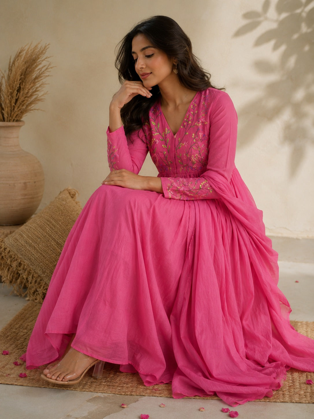 Pink Floral Embroidered Anarkali Kurta Set for Women