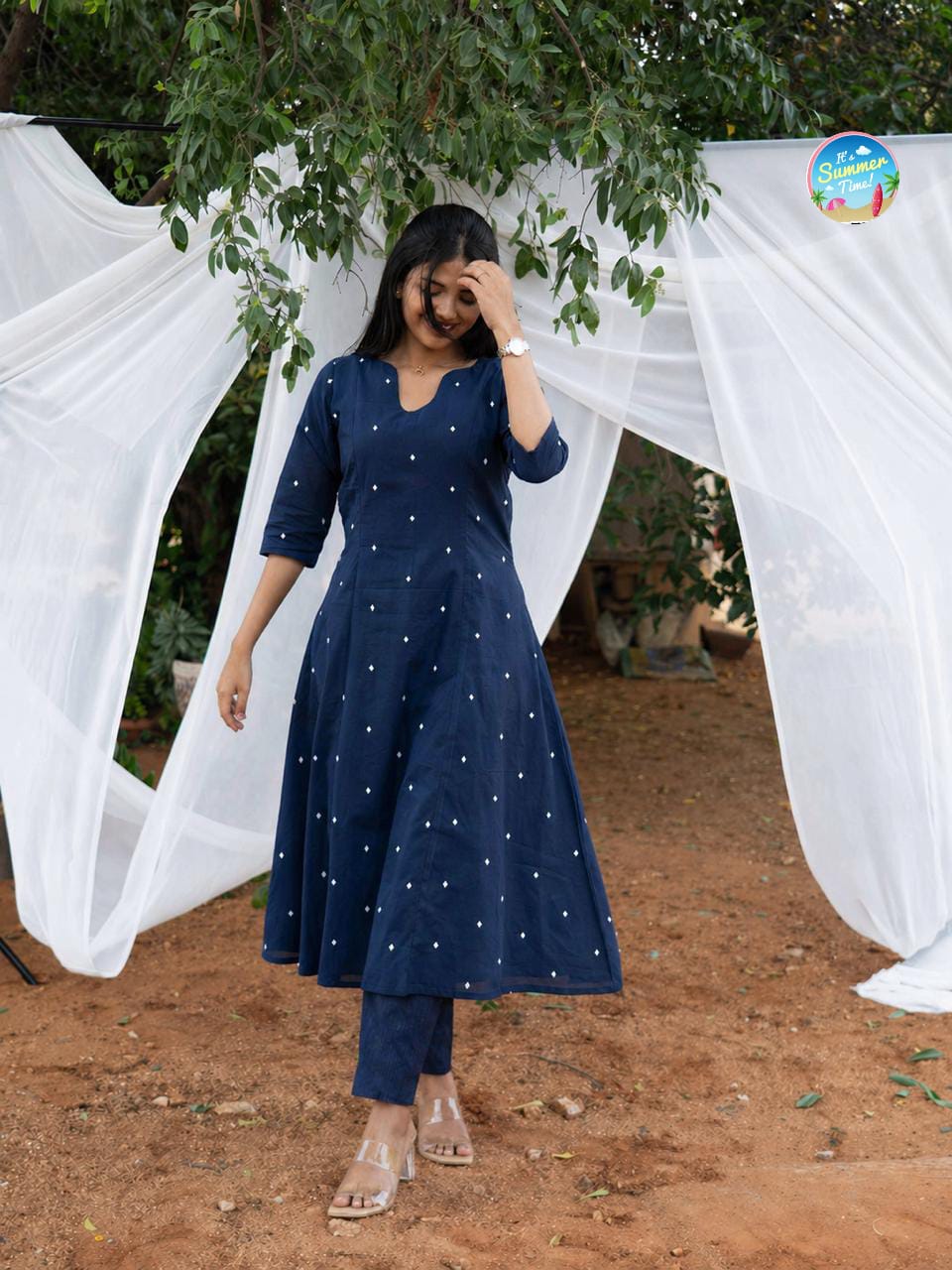 Elegant Navy Blue Embroidered Flared Kurta Pant Set for Women