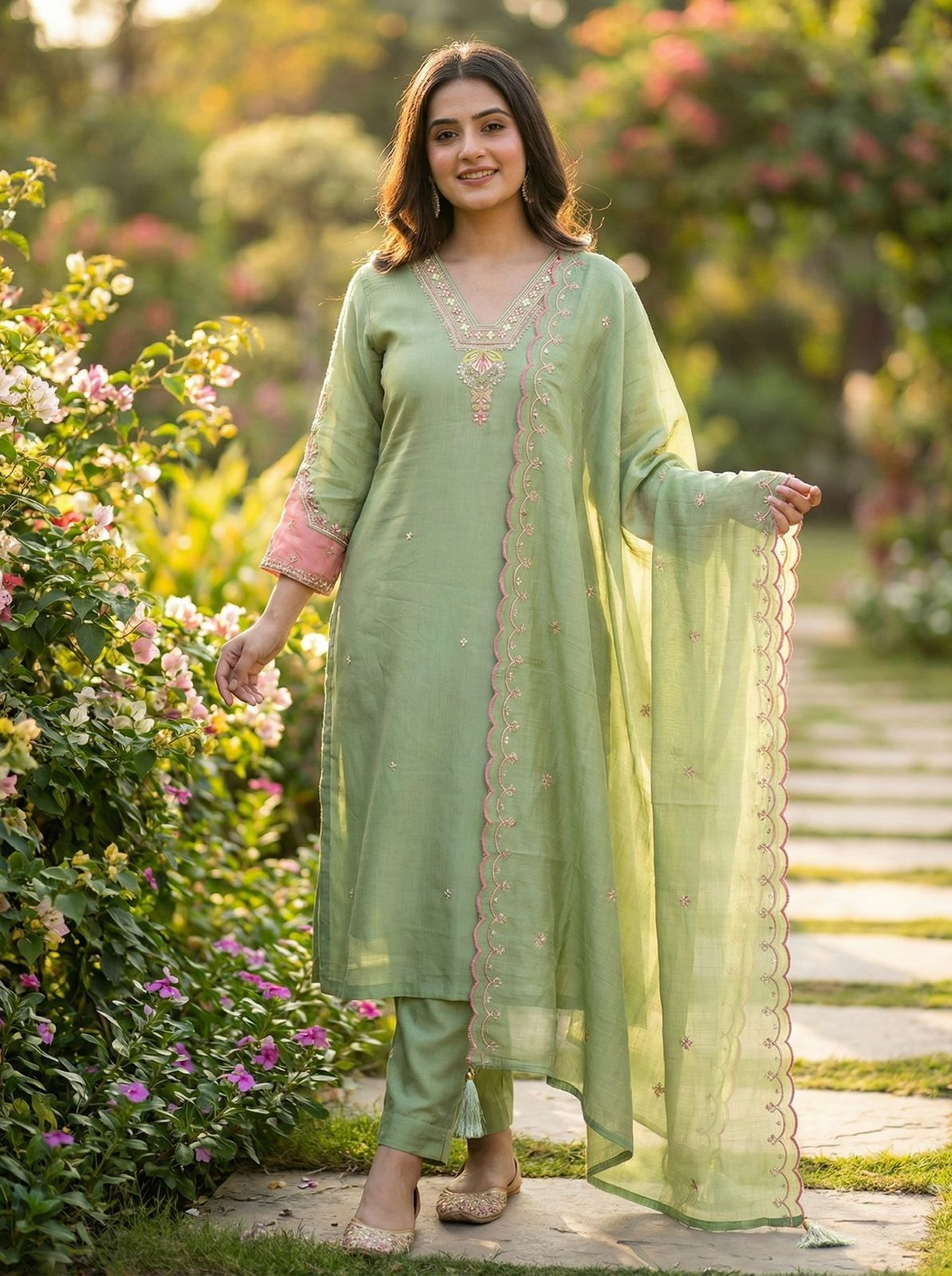 Pastel Green Straight Kurta with Pant & Organza Dupatta
