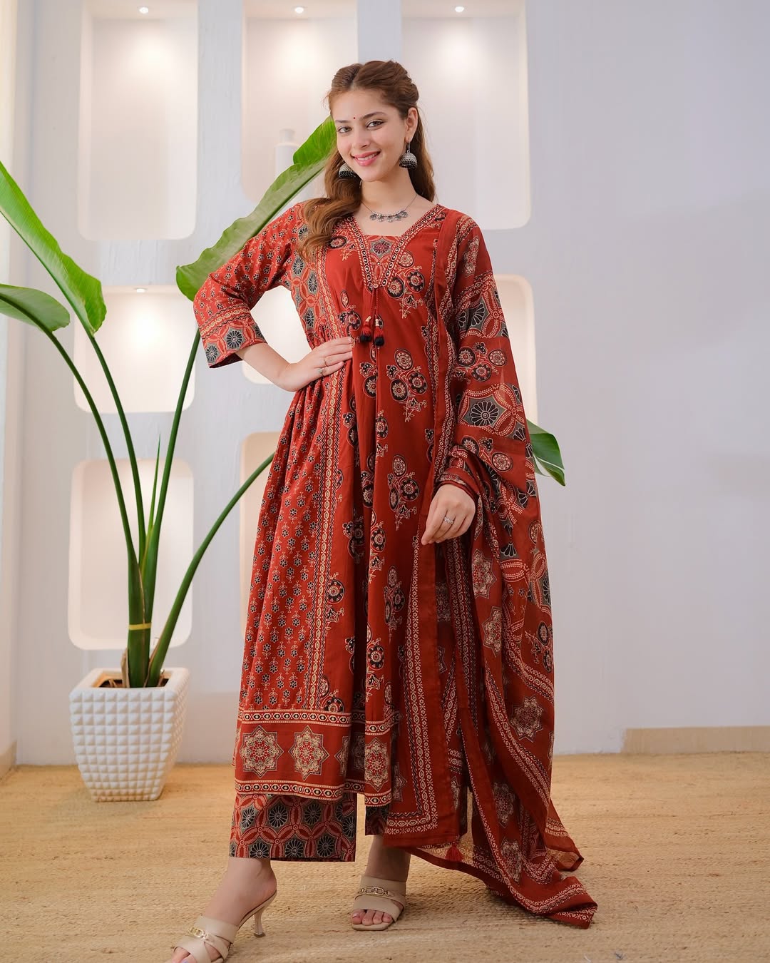 Rust Red Printed Anarkali Kurta Set with Dupatta for Women