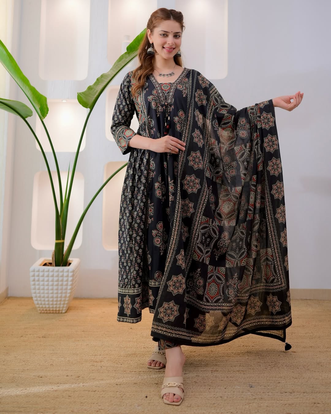 Black Ethnic Printed Anarkali Kurta Set with Dupatta for Women