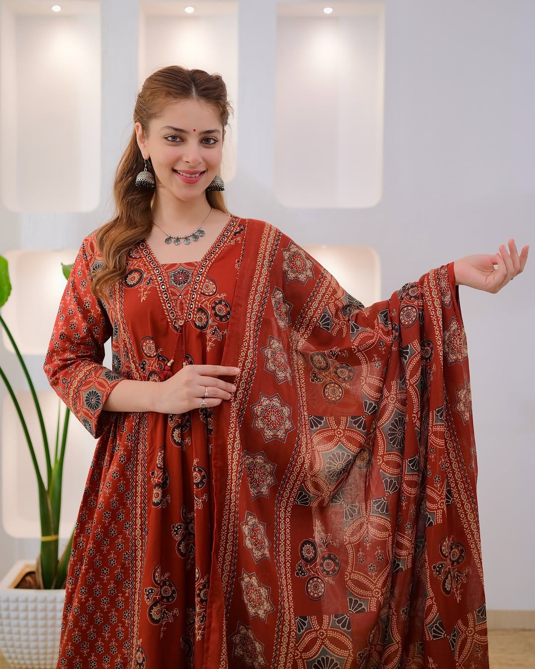 Rust Red Printed Anarkali Kurta Set with Dupatta for Women