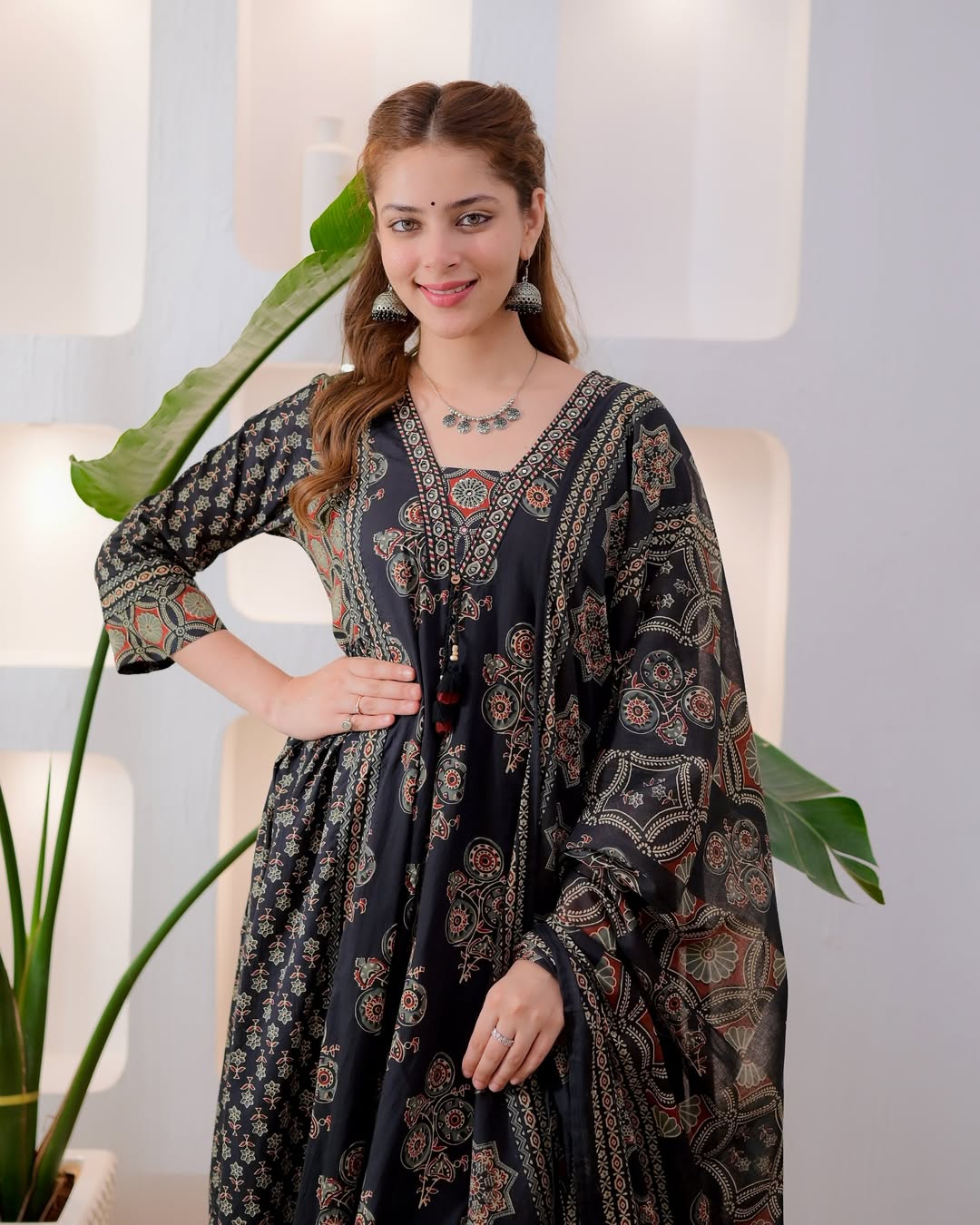 Black Ethnic Printed Anarkali Kurta Set with Dupatta for Women