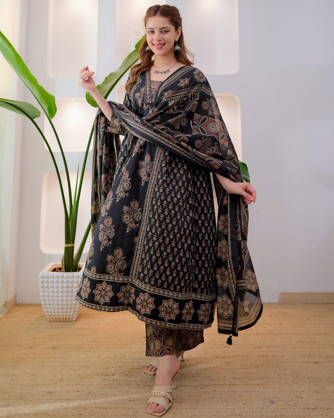 Black Ethnic Printed Anarkali Kurta Set with Dupatta for Women