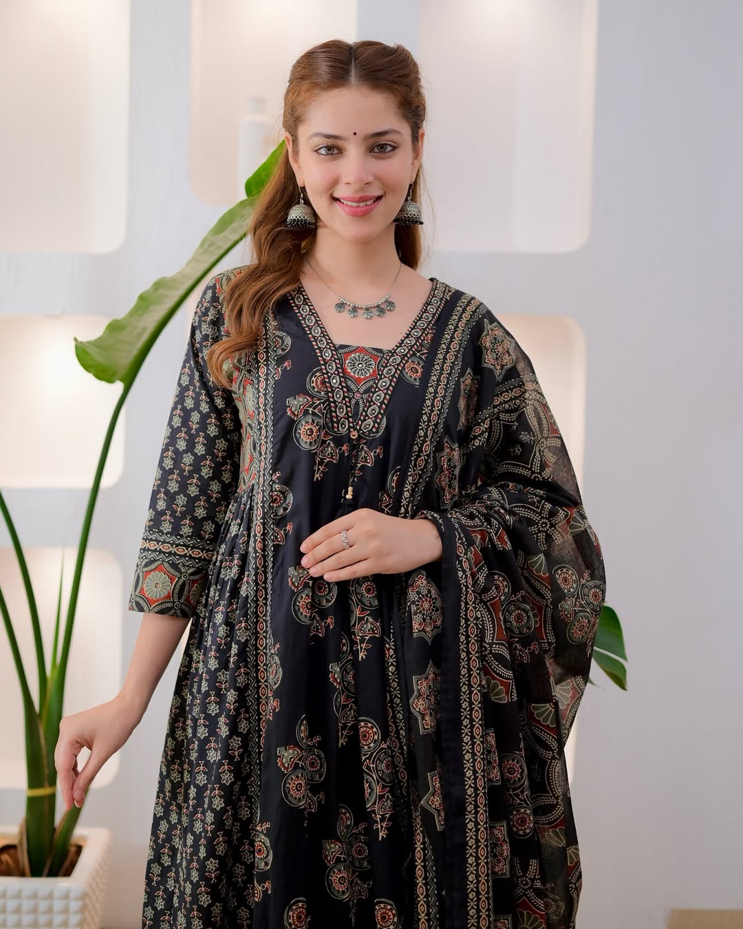 Black Ethnic Printed Anarkali Kurta Set with Dupatta for Women