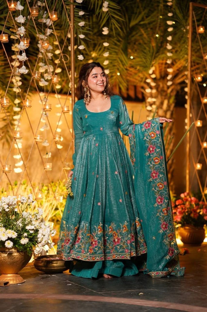 Teal Blue Floral Embroidered Anarkali Suit Set with Dupatta