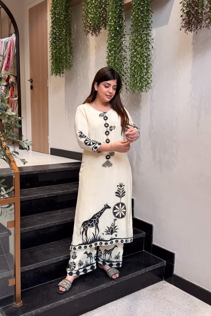 Ivory Tribal Print Straight Kurta & Palazzo Co-ord Set for Women