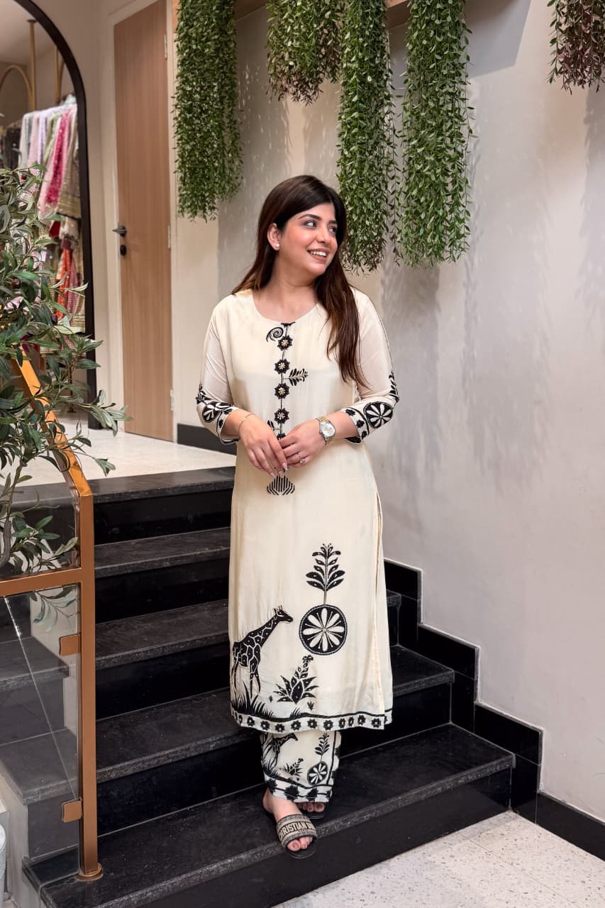 Ivory Tribal Print Straight Kurta & Palazzo Co-ord Set for Women