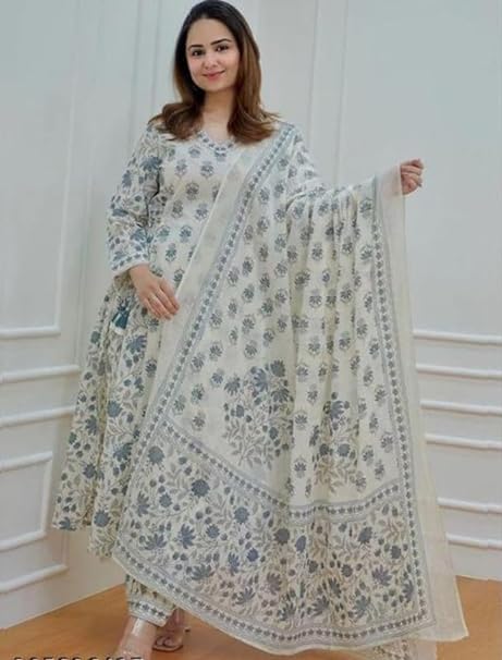 Ivory Blue Floral Printed Anarkali Suit Set with Dupatta