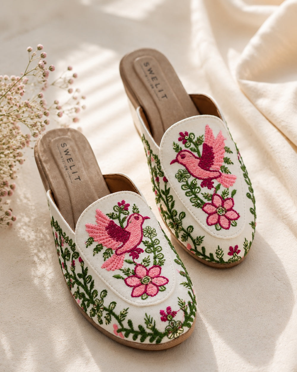 Pink Bird Embroidered Ethnic Mule Flats for Women