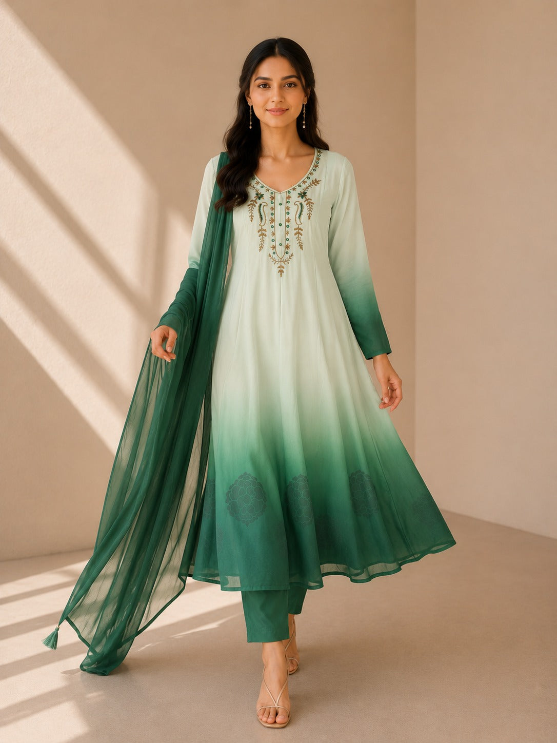 Mint Green Ombre Embroidered Anarkali Suit Set with Dupatta