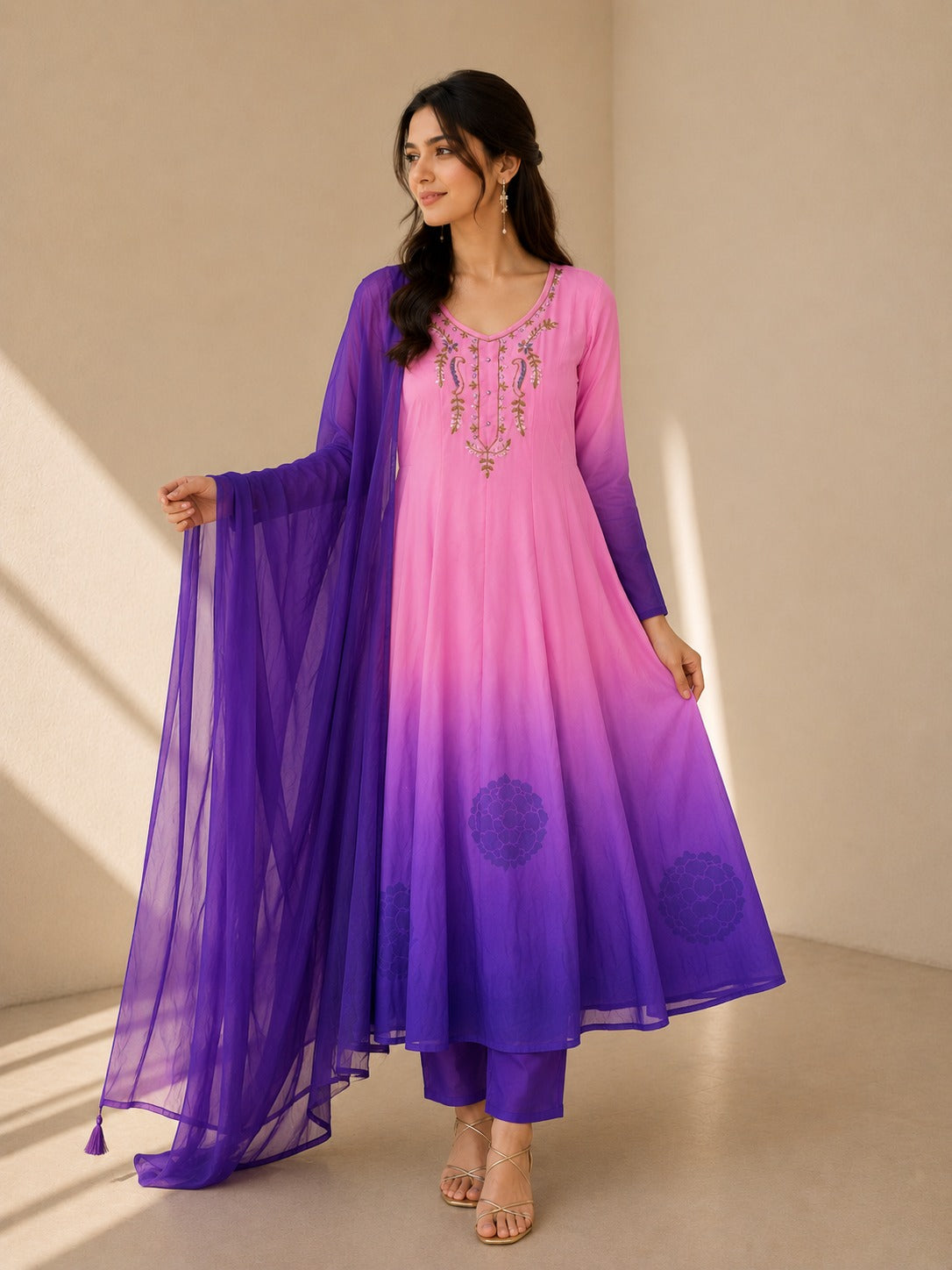 Pink & Royal Purple Ombre Embroidered Anarkali Suit Set with Dupatta